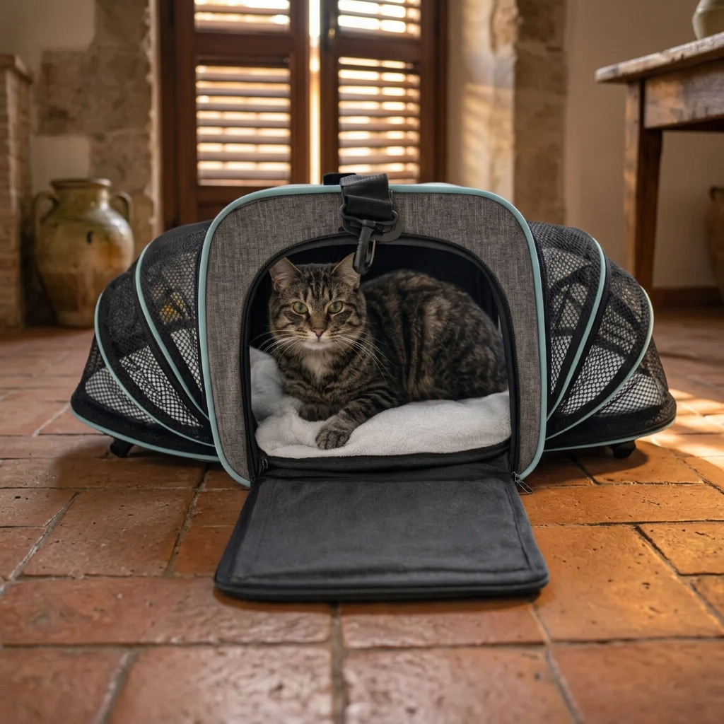 Gatto tigrato disteso sul cuscino imbottito dentro la borsa espandibile