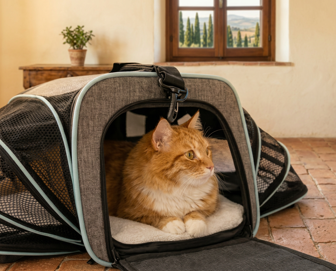 Gatto rosso disteso nella borsa con l'estensione laterale aperta